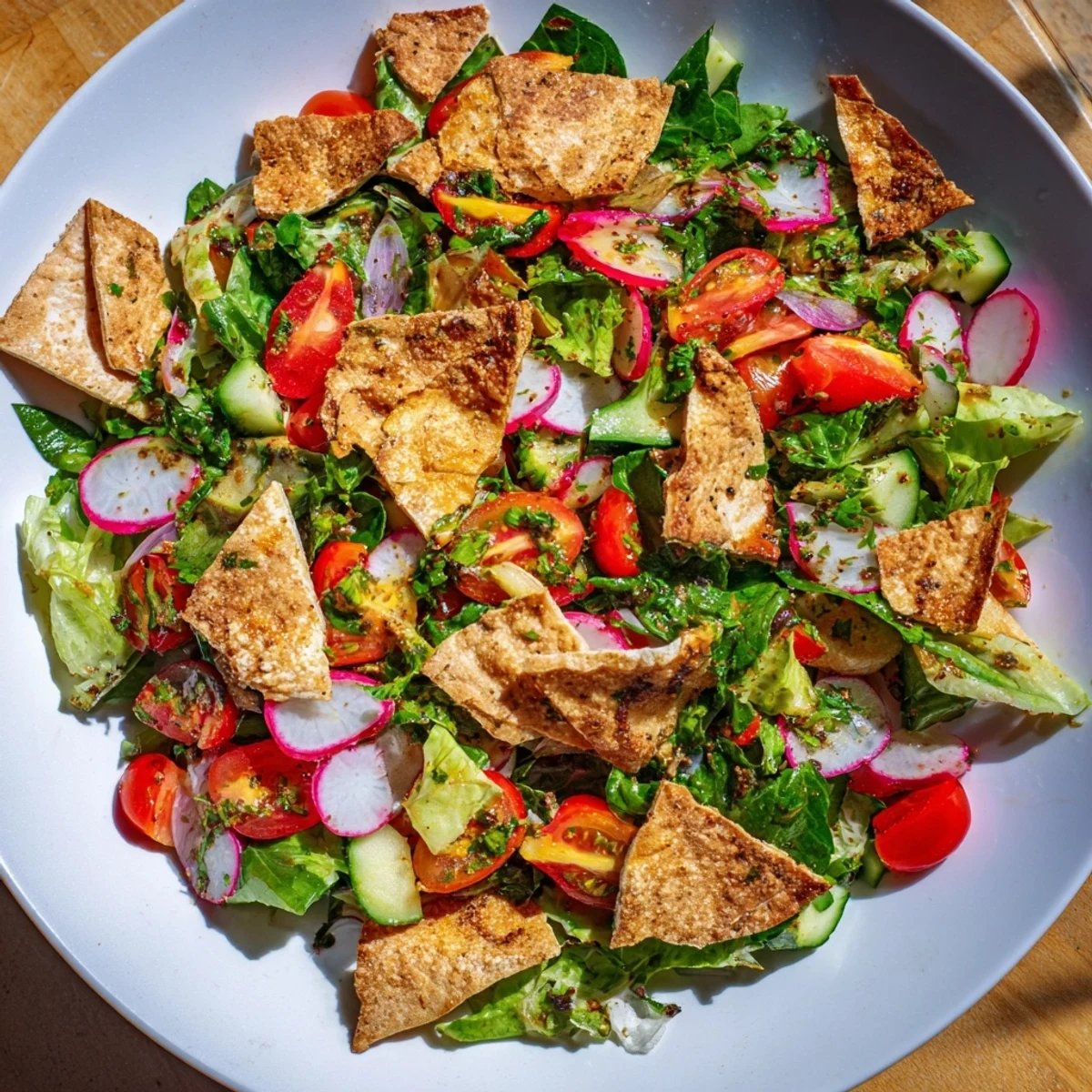 This delicious Fattoush Crunch Salad features bright tomatoes, cucumbers, and a zesty, seasoned dressing.