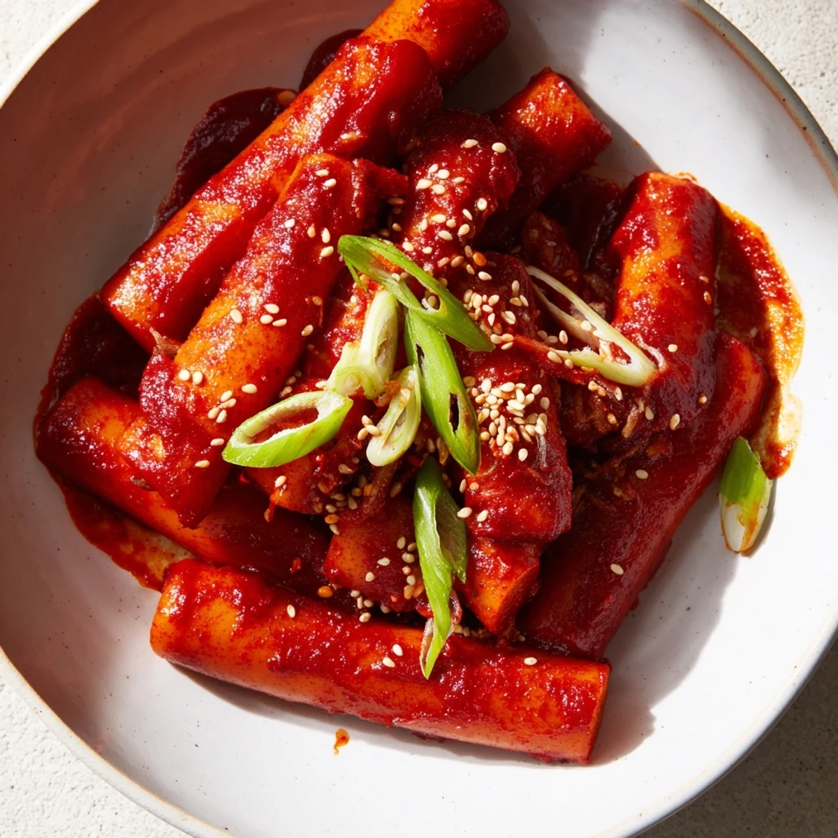 Deliciously saucy Korean Tteokbokki, served hot with optional boiled eggs and sesame seeds scattered over the top.
