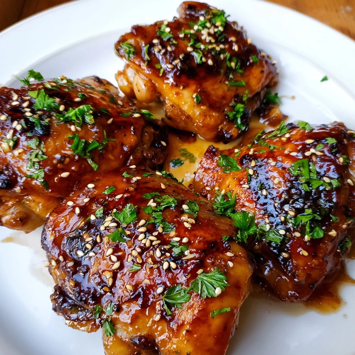 Close-up of baked honey garlic glazed chicken, showing tender meat coated in a sweet and savory sauce.