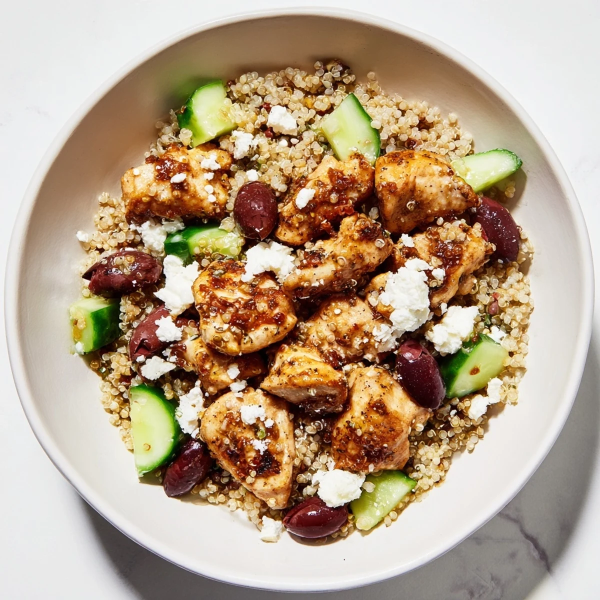 Colorful Mediterranean Chicken Bowl featuring golden grilled chicken, creamy feta, Kalamata olives, cucumbers, tomatoes, and fluffy quinoa, all tossed with a zesty lemon-oregano dressing.