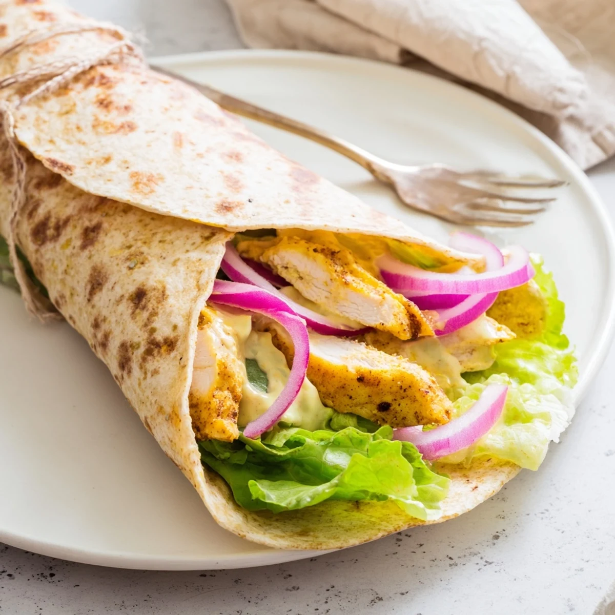 Sizzling skillet-seared chicken tenders coated in glaze, nestled in a warm soft tortilla with red onion and leafy greens.