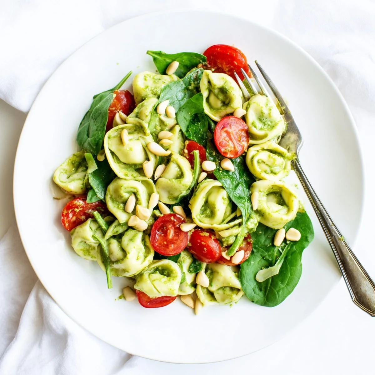A vibrant Pesto Tortellini Salad features al dente cheese tortellini tossed with basil pesto, juicy cherry tomatoes, and fresh baby spinach leaves.  