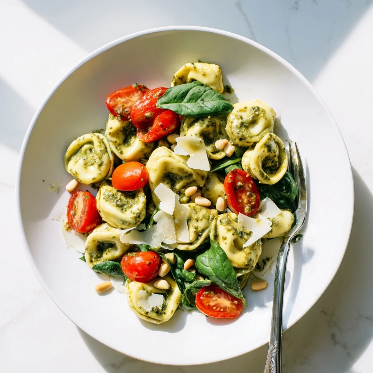 Fresh Pesto Tortellini Salad with tender pasta, bright cherry tomatoes, and crisp spinach leaves served on a white platter.