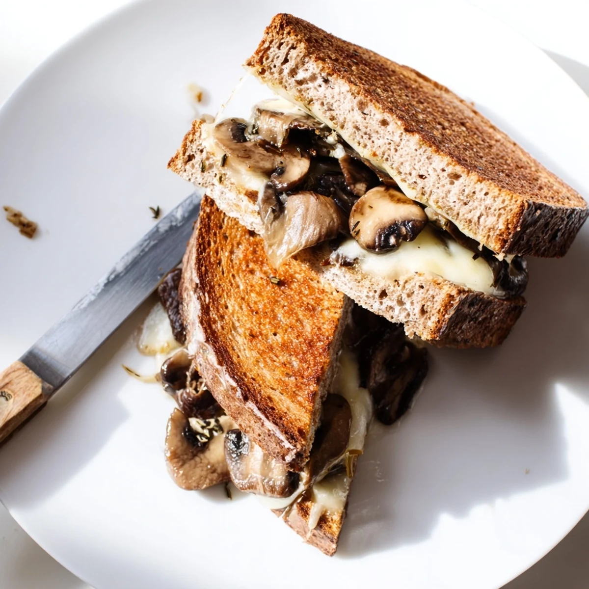 Savory Mushroom Swiss Grilled Cheese, sliced to reveal layers of gooey cheese and rich mushroom filling.