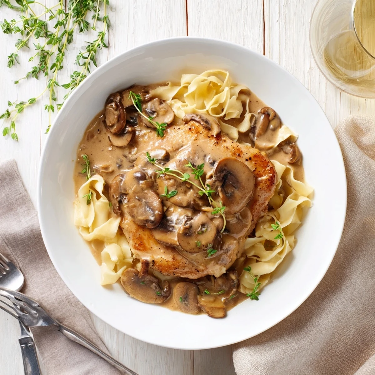 A comforting bowl of Creamy Chicken Marsala, showcasing juicy chicken, a velvety mushroom-Marsala sauce, and pasta ready to be twirled onto a fork.