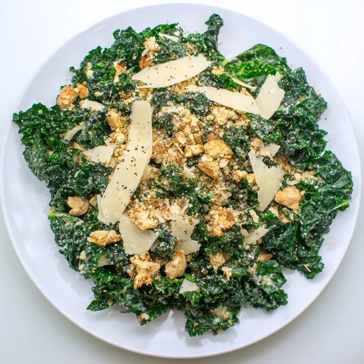 Garlic Parmesan Kale Salad served in a rustic bowl, garnished with fresh cracked pepper and a wedge of lemon on the side.