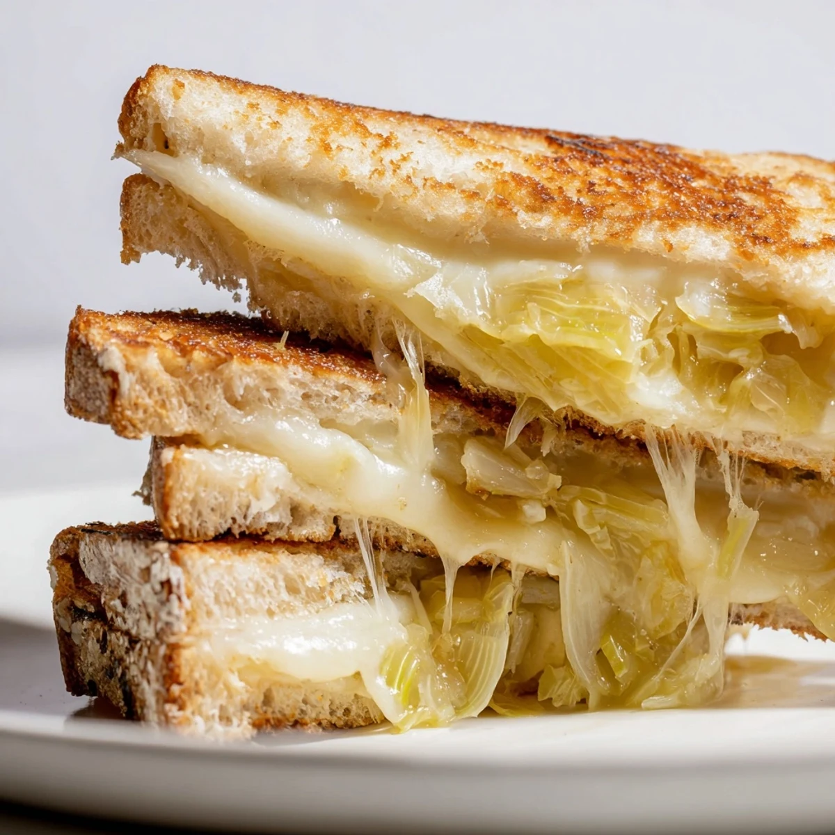 Golden-brown sourdough slices sandwich melted Havarti cheese and sweet, caramelized leeks in this Havarti & Caramelized Leek Grilled Cheese.