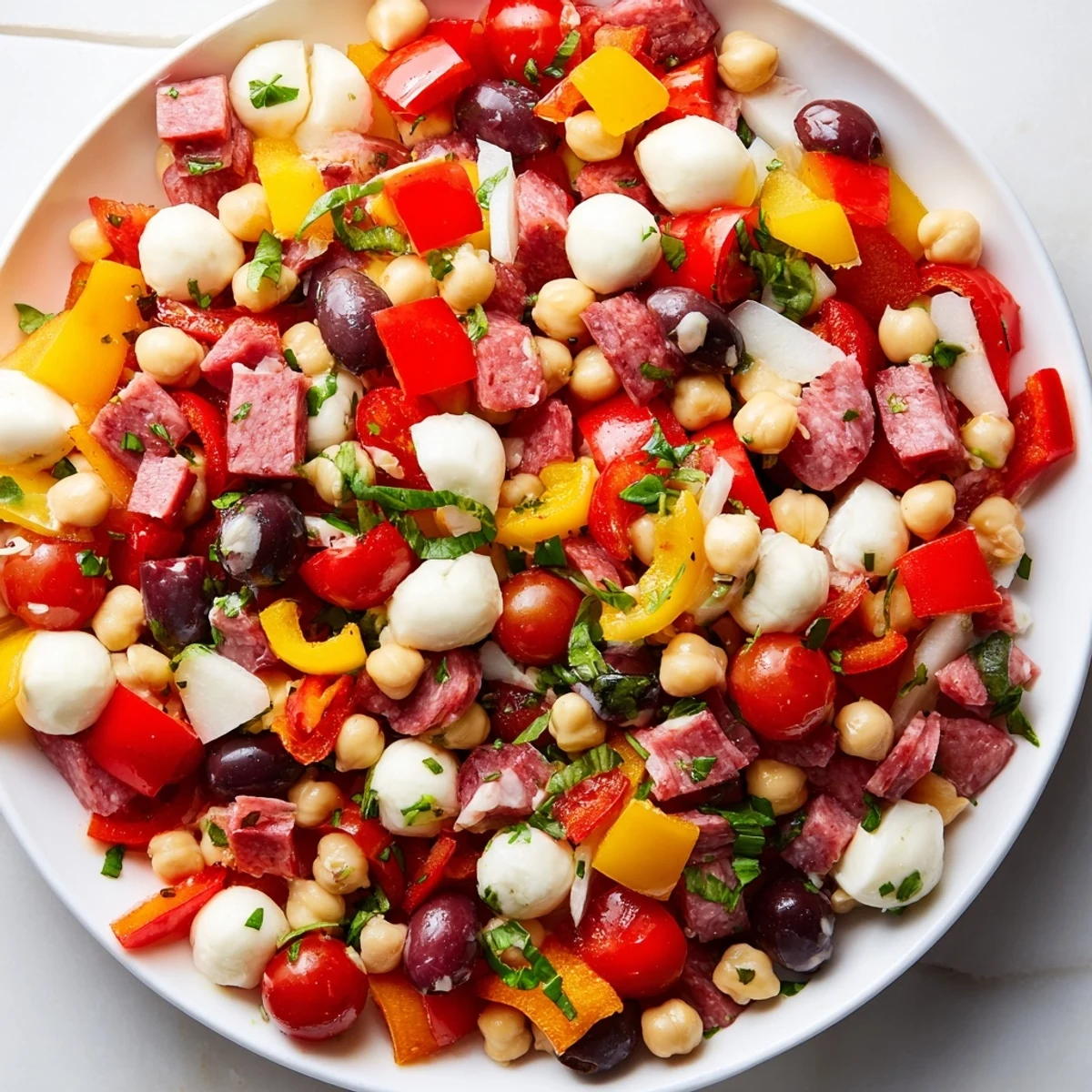 A colorful bowl of Crunchy Antipasto Chopped Salad served as a light lunch, garnished with fresh basil and parsley.