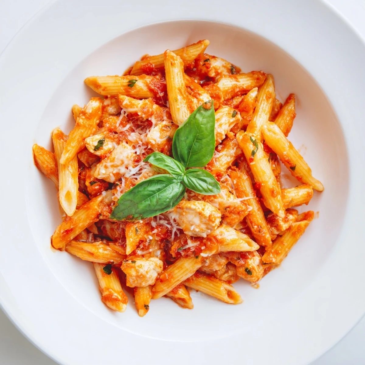 Savory Tomato Basil Chicken Pasta with tender chicken and al dente penne coated in a vibrant, simmered tomato-basil sauce garnished with fresh basil.  