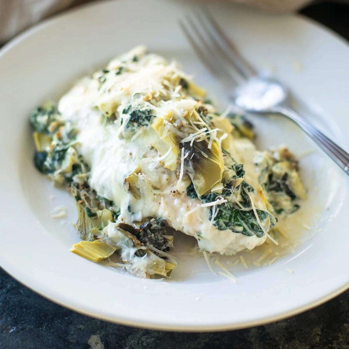 Juicy Spinach & Artichoke Chicken Bake on a bed of fluffy white rice, with a green salad on the side for a complete weeknight meal.