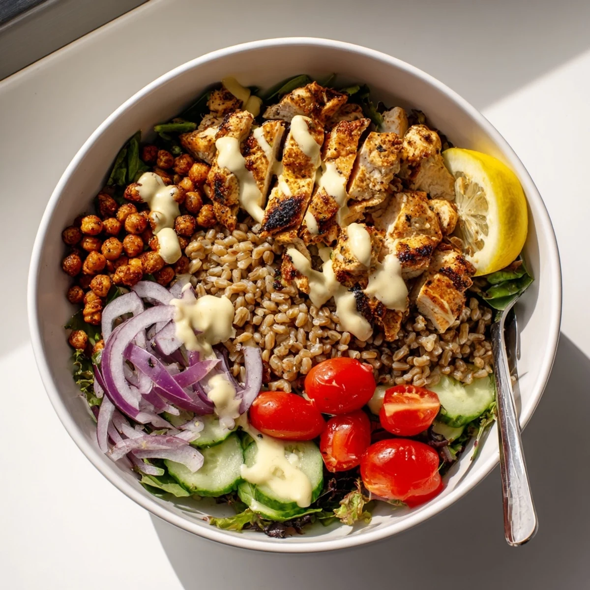 Juicy roasted chicken slices, hearty farro, crisp greens, and golden chickpeas in a vibrant Lemon Tahini Chicken Power Bowl.