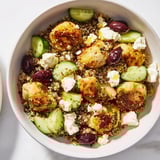 Savory Mediterranean Chicken Bowl with spiced chicken pieces, vibrant cherry tomatoes, crisp cucumbers, chickpeas, and crumbled feta over a bed of fluffy quinoa.