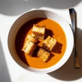 Freshly blended roasted tomato soup with crunchy grilled cheese croutons served beside warm, crusty bread.