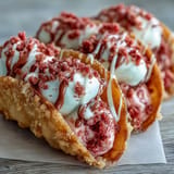 Crispy baked taco shells filled with cheesecake, topped with strawberry crunch.