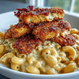 Delicious pumpkin mac and cheese with a crunchy chicken topping.