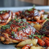 Juicy seared chicken alongside sweet balsamic pears and carrots, ready to serve.