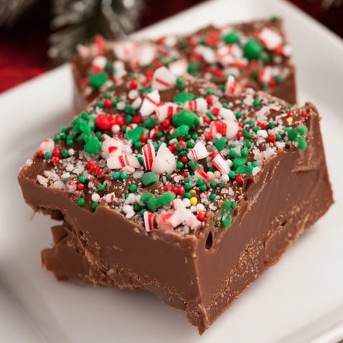 Festive 3-Ingredient Christmas Fudge Squares, sprinkled and chilled, looking deliciously ready-to-eat.