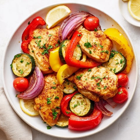 Sheet Pan Lemon Oregano Chicken Cutlets: Roasted chicken and colorful vegetables, a flavorful Mediterranean dinner.