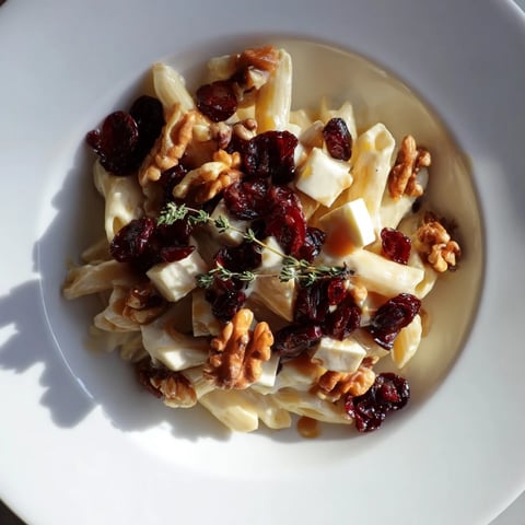 Golden-brown Baked Brie & Cranberry Pasta, a festive vegetarian main dish, with bubbling cheese.