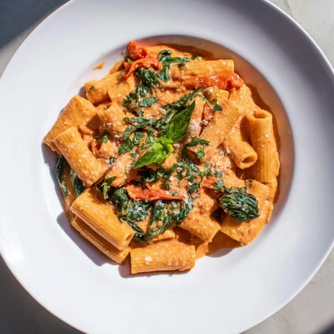 Creamy, festive Lightened-Up Vodka Rosé Christmas Pasta with spinach and roasted red peppers, perfect for holiday meals.