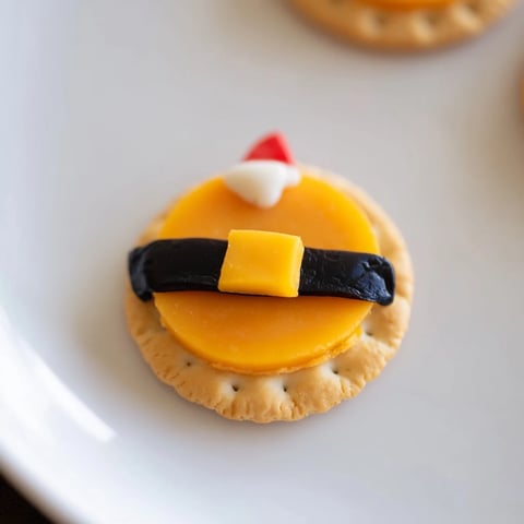 Festive Santa's Belt Crackers, buttery and topped with cheese and olive belt details, served with creamy dip.