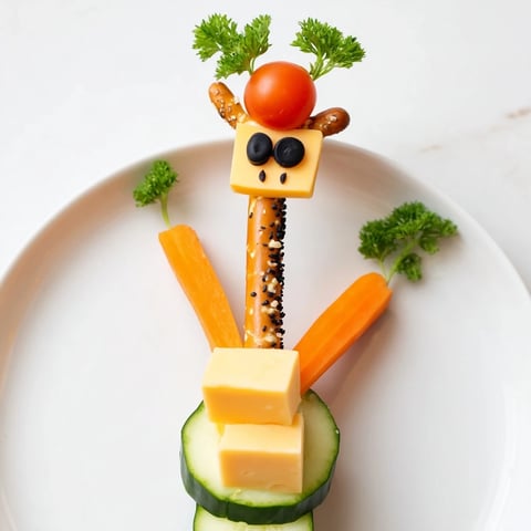 Playful Long-Necked Giraffe Snack Tower with cheese, veggies, and fruit, perfect for kids.
