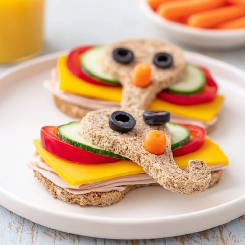 Elephant-shaped Big Top Sandwiches, arranged on a board with colorful carrot trunks and olive eyes.