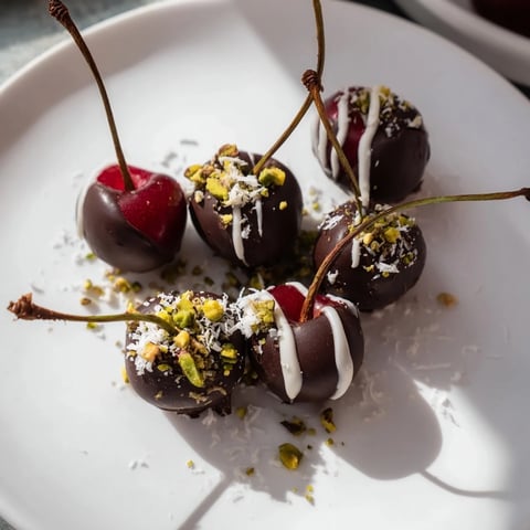 Decadent dark chocolate covers vibrant cherry dessert bites, arranged in an appetizing pyramid.