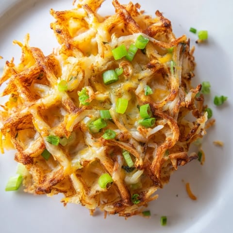Golden-brown Cheesy Hash Brown Waffles with crispy edges, ready to be topped with sour cream.