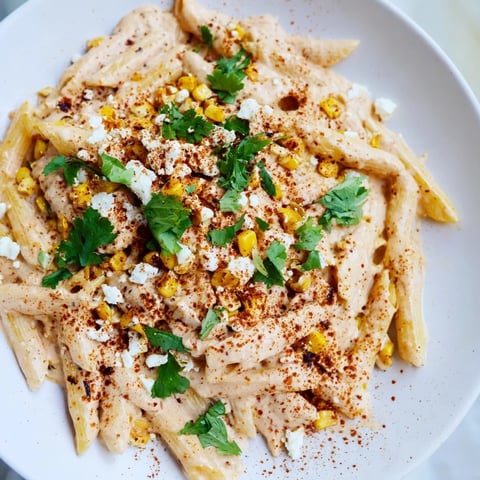 A creamy bowl of Mexican Street Corn Pasta, garnished with cheese, cilantro, and lime wedges.
