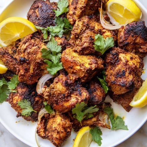 Golden-brown Indian Tikka Spiced Chicken, cooked until tender, garnished with fresh cilantro and lemon.