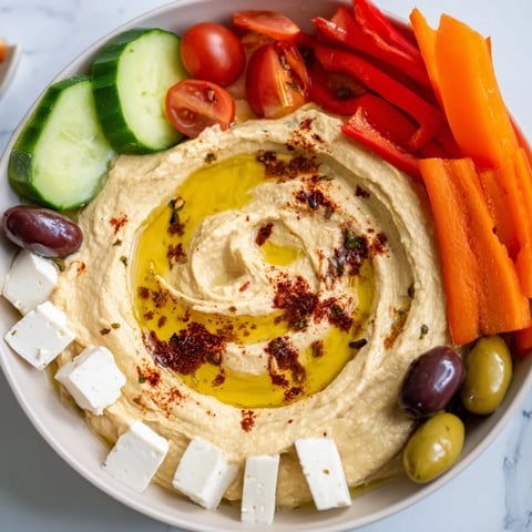 A gorgeous Middle Eastern Mezze Platter with creamy hummus, fresh veggies, olives, and feta, ready to serve.