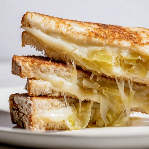 Golden-brown sourdough slices sandwich melted Havarti cheese and sweet, caramelized leeks in this Havarti & Caramelized Leek Grilled Cheese.
