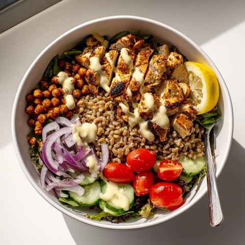 Juicy roasted chicken slices, hearty farro, crisp greens, and golden chickpeas in a vibrant Lemon Tahini Chicken Power Bowl.