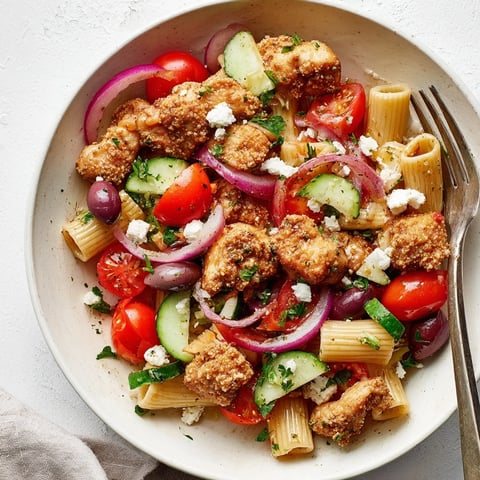 Golden crispy chicken bites, tender pasta, and a fresh Greek salad medley with feta and olives.