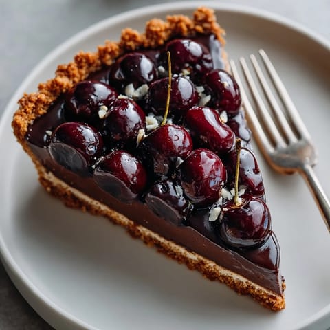 A slice of decadent dark cherry chocolate tart, showcasing the crispy almond crust.