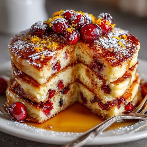 Golden-brown Cranberry Orange Ricotta Pancakes, piled high, ready to be devoured for brunch with friends.