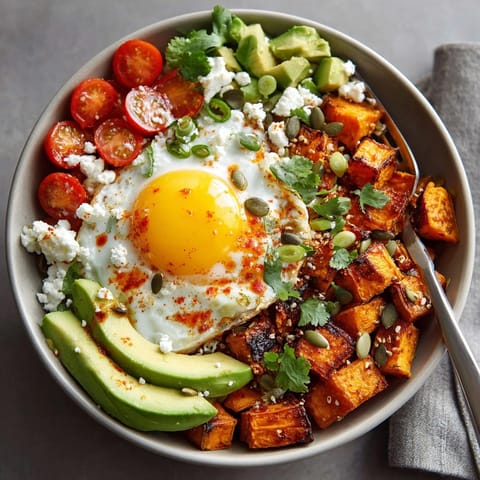 A colorful close-up of hearty Loaded Sweet Potato Breakfast Bowls, perfect for a healthy start!