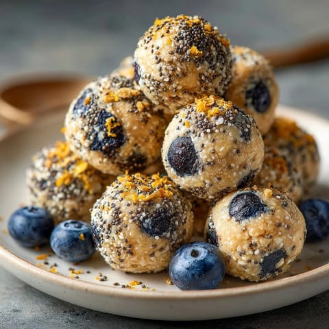 Close-up shot of chewy Lemon Blueberry Protein Balls, showcasing dried blueberries inside for a healthy treat.