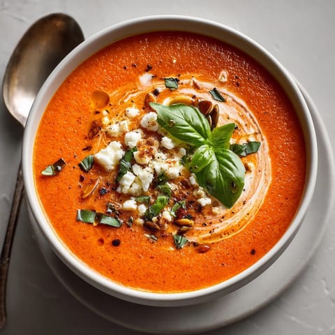 A steaming bowl of roasted red pepper soup, garnished with fresh basil, a comforting meal.