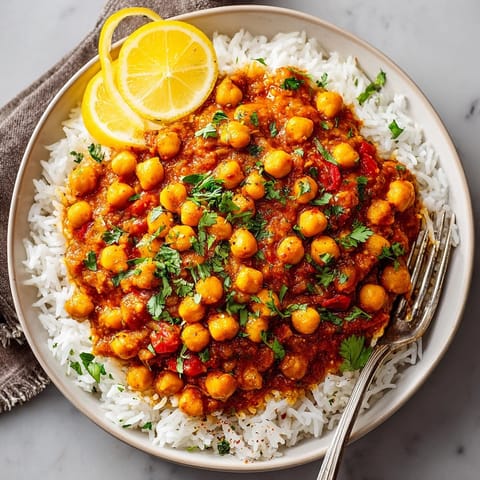 A close-up view of rich, flavorful Chickpea Curry with fluffy basmati rice, garnished deliciously.