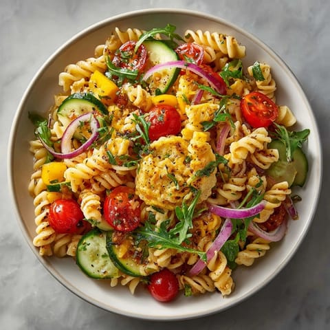 A vibrant bowl of Pancake Pasta Salad glistening with homemade maple syrup dressing.