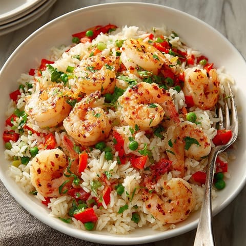 Colorful Mediterranean shrimp and rice pilaf steaming in a skillet, ready for family-style serving.