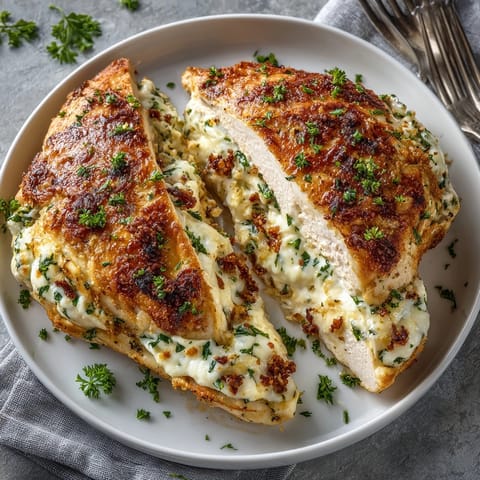 Juicy Stuffed Cheese Chicken Breast on a platter, cheese filling oozing, garnished with parsley.