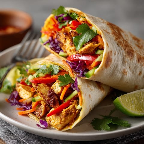 Close-up of Thai Curry Chicken Wraps showcasing creamy coconut curry sauce and crisp fresh vegetables