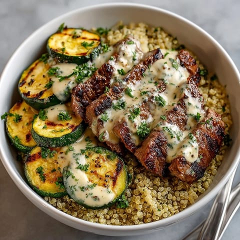 Juicy grilled steak bowl with creamy sauce and smoky zucchini, perfect for dinner