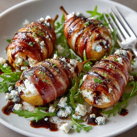 Close-up of sweet Prosciutto-Wrapped Pears after cooking, glistening with a balsamic glaze.