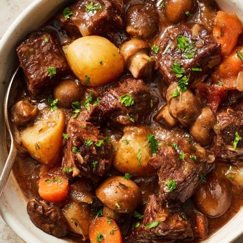 Fork tender Beef Stew served in a bowl, garnished with fresh parsley, ready to eat.
