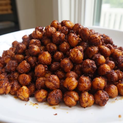 Oven-roasted Garlic BBQ Roasted Chickpeas, seasoned perfectly, a vibrant, flavorful vegan treat.