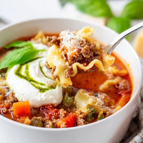 Hearty lasagne soup topped with fresh basil pesto, perfect for cozy dinners.  